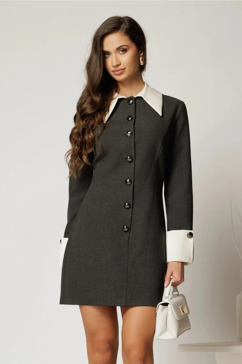 Rochie DY Fashion gri cu guler si mansete in contrast
