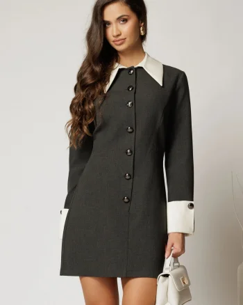 Rochie DY Fashion gri cu guler si mansete in contrast