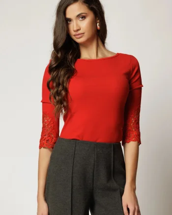 Bluza rosie cu adaos de bumbac cu striatii si insertii din dantela
