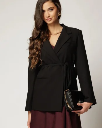 Sacou dama negru casual cu snur in talie