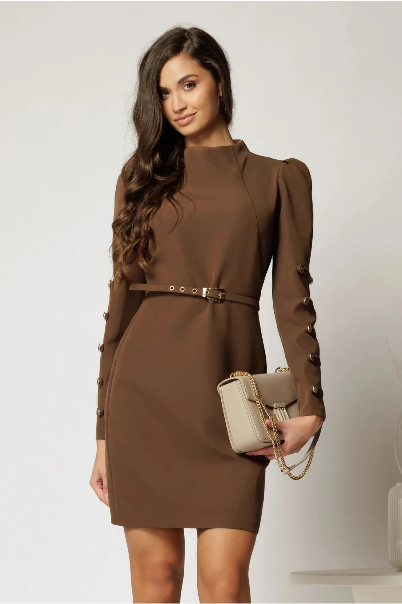 Rochie DY Fashion scurta maro cu nasturi pe maneci