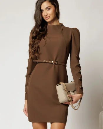 Rochie DY Fashion scurta maro cu nasturi pe maneci