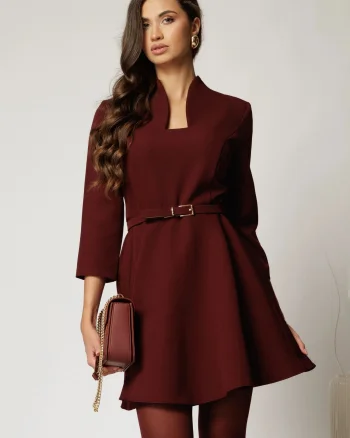 Rochie DY Fashion scurta bordo cu decolteu adanc si maneci lungi