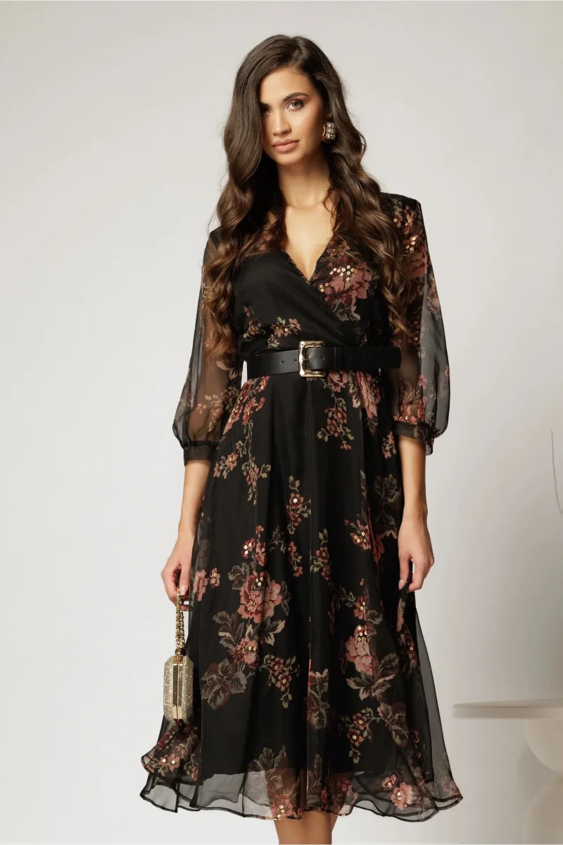Rochie DY Fashion midi din voal negru cu imprimeu roze si decolteu petrecut