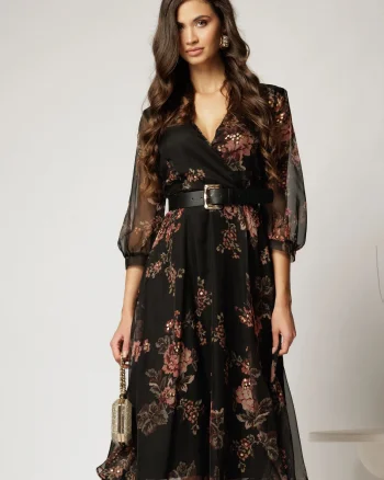 Rochie DY Fashion midi din voal negru cu imprimeu roze si decolteu petrecut