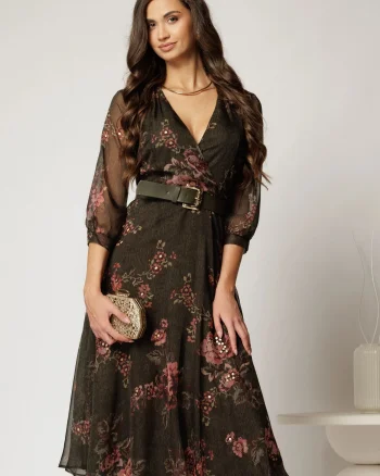 Rochie DY Fashion midi din voal kaki cu imprimeu roze si decolteu petrecut
