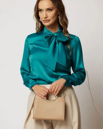 Bluza turcoaz din satin eleganta cu funda la decolteu