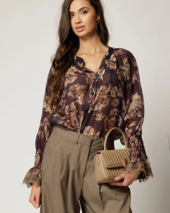 Bluza lejera mov cu imprimeuri cu inchidere cu nasturi cu adaos de tencel