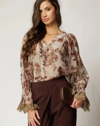 Bluza lejera bej cu imprimeuri cu inchidere cu nasturi cu adaos de tencel