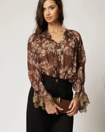 Bluza lejera maro cu imprimeuri cu inchidere cu nasturi cu adaos de tencel
