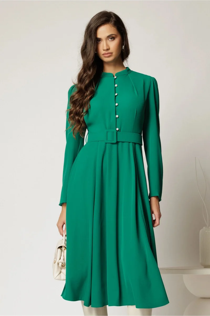Rochie DY Fashion midi verde eleganta cu nasturi si curea in talie