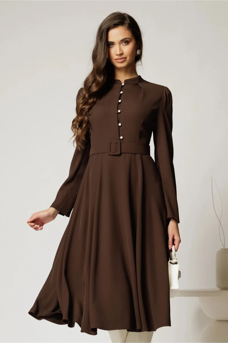 Rochie DY Fashion midi maro eleganta cu nasturi si curea in talie