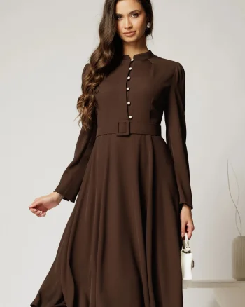 Rochie DY Fashion midi maro eleganta cu nasturi si curea in talie