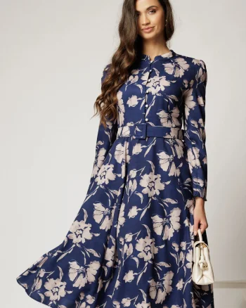 Rochie DY Fashion midi bleumarin cu imprimeuri eleganta cu nasturi si curea in talie