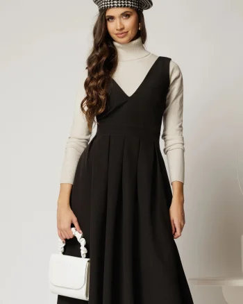 Sarafan DY Fashion midi negru cu croi clos si pliuri