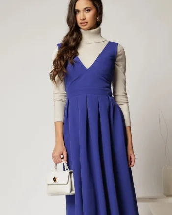 Sarafan DY Fashion midi albastru cu croi clos si pliuri