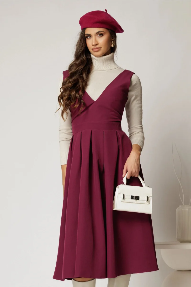 Sarafan DY Fashion midi magenta cu croi clos si pliuri