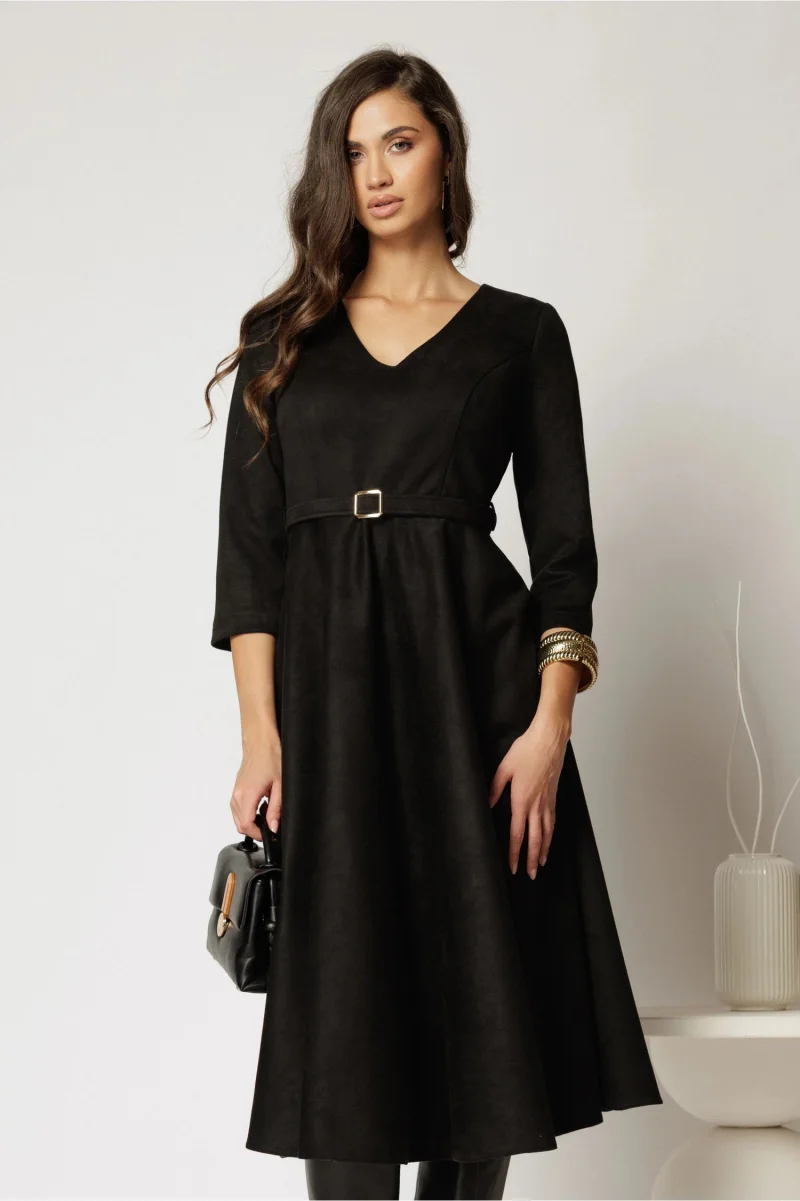 Rochie DY Fashion midi neagra din piele intoarsa cu decolteu in V