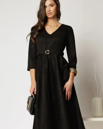 Rochie DY Fashion midi neagra din piele intoarsa cu decolteu in V