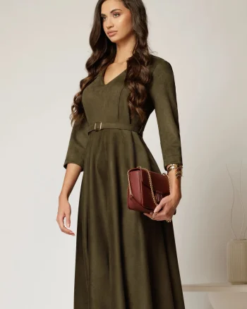 Rochie DY Fashion midi kaki din piele intoarsa cu decolteu in V
