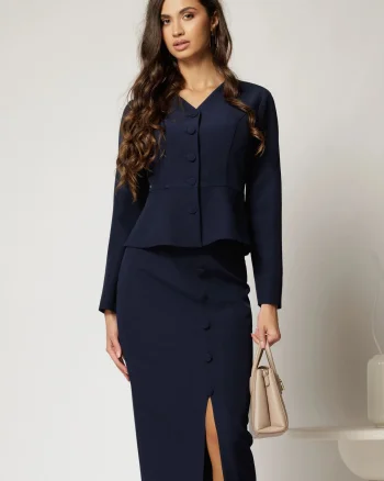 Compleu DY Fashion bleumarin format din sacou cu decolteu discret si fusta conica