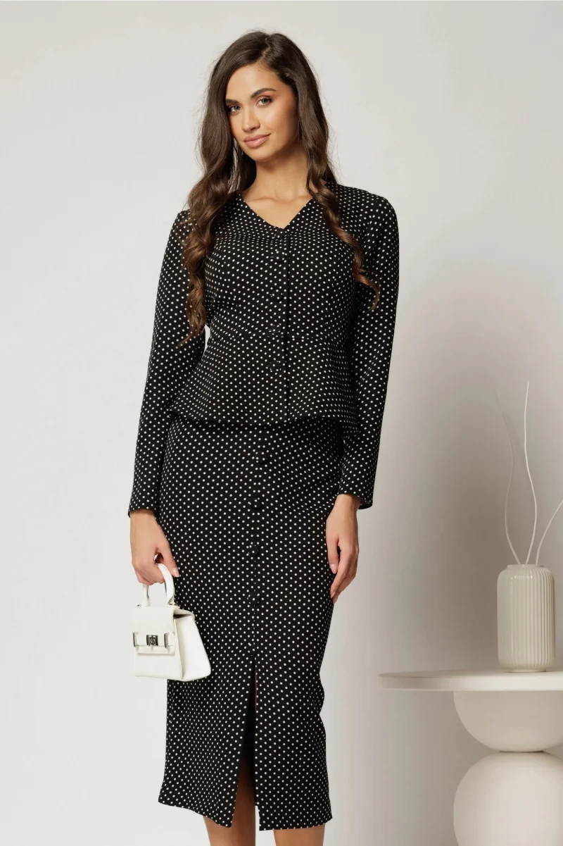 Compleu DY Fashion negru cu buline format din sacou cu decolteu discret si fusta conica