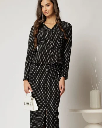 Compleu DY Fashion negru cu buline format din sacou cu decolteu discret si fusta conica