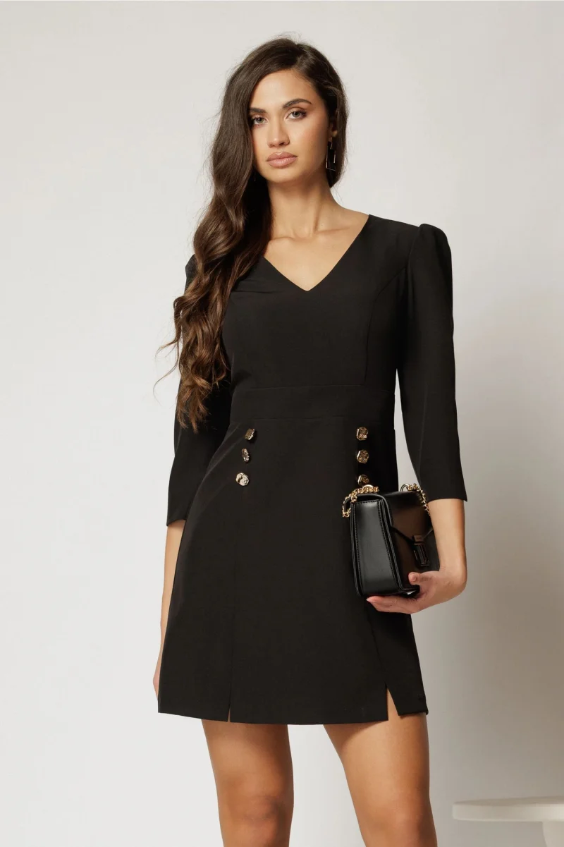 Rochie DY Fashion scurta neagra cu decolteu V si nasturi decorativi pe fusta