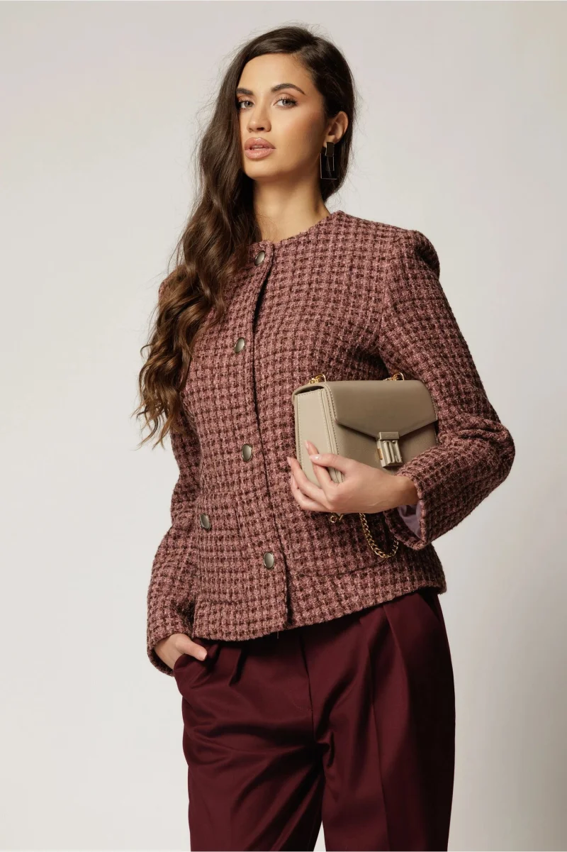 Sacou dama roz din tweed cu fir lurex