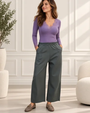 Pantaloni dama din jerseu de bumbac cu croi larg si fronseu lateral, kaki