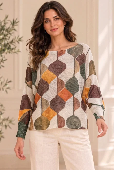 Bluza cu maneca fluture si imprimeu geometric abstract, bej