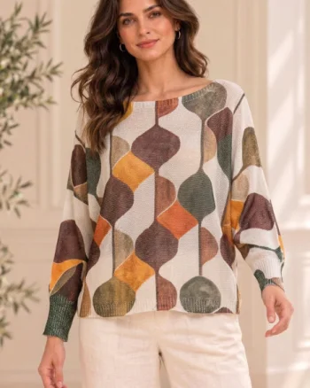 Bluza cu maneca fluture si imprimeu geometric abstract, bej