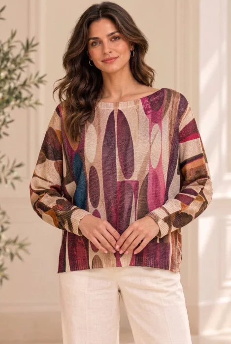 Bluza cu maneca fluture si imprimeuimprimeu artistic, nuante bordo bej