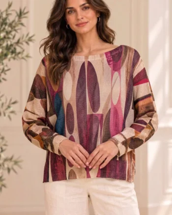Bluza cu maneca fluture si imprimeuimprimeu artistic, nuante bordo bej
