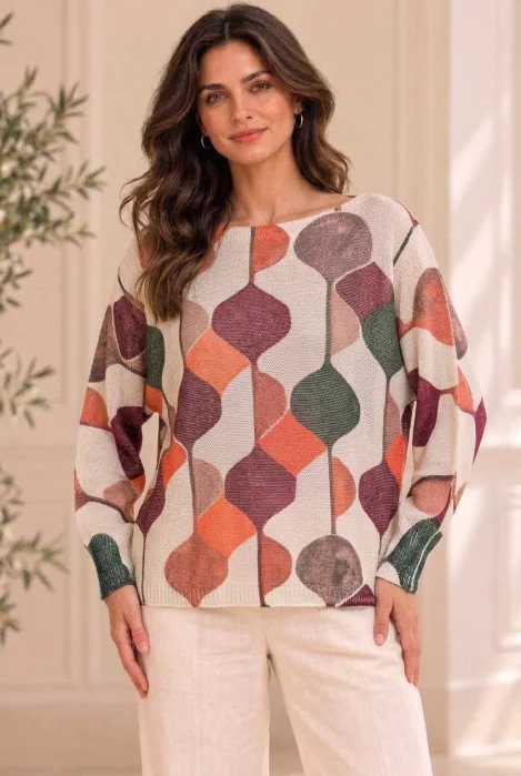 Bluza cu maneca fluture si imprimeu geometric abstract, bordo bej portocaliu