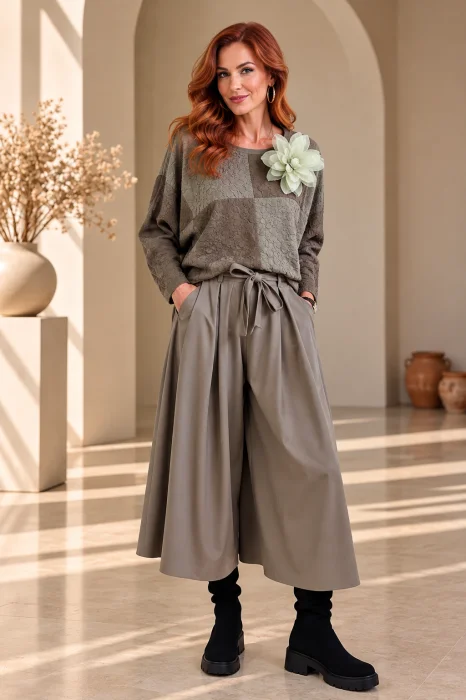 Fusta pantalon midi ampla cu talie inalta si cordon, taupe