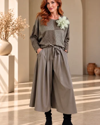 Fusta pantalon midi ampla cu talie inalta si cordon, taupe