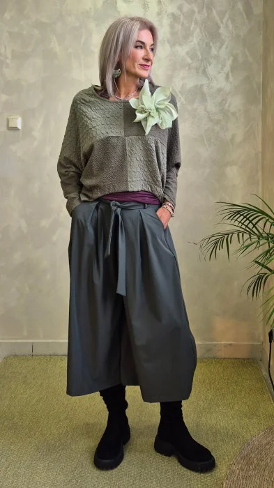 Fusta pantalon midi ampla cu talie inalta si cordon, kaki