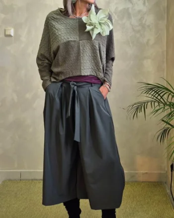 Fusta pantalon midi ampla cu talie inalta si cordon, kaki