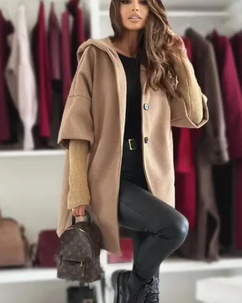 Palton oversize Katiana, maneca cu panou suprapus, tricot si gluga, Bej, Marime S/M/L