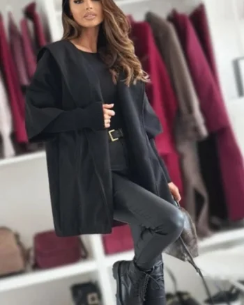 Pardesiu de dama Katiana, croi oversize si gluga, Negru, Marime S/M/L