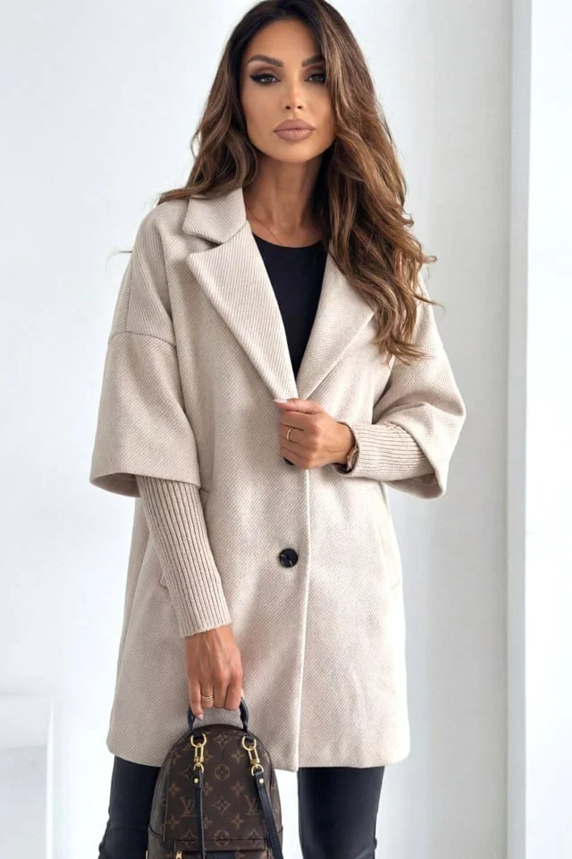Palton oversize Katiuska, maneca panou suprapus, tricot si revere, Crem, Marime S/M/L