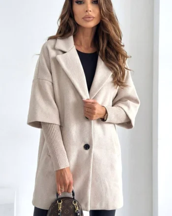 Palton oversize Katiuska, maneca panou suprapus, tricot si revere, Crem, Marime S/M/L