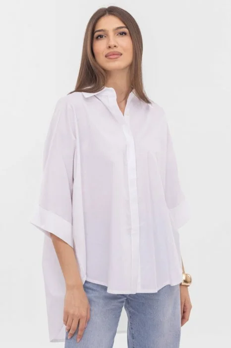 Camasa oversize ivoire din poplin satinat  de bumbac, cu maneca lunga