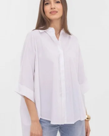 Camasa oversize ivoire din poplin satinat  de bumbac, cu maneca lunga