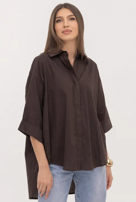 Camasa oversize maro din poplin satinat  de bumbac, cu maneca lunga