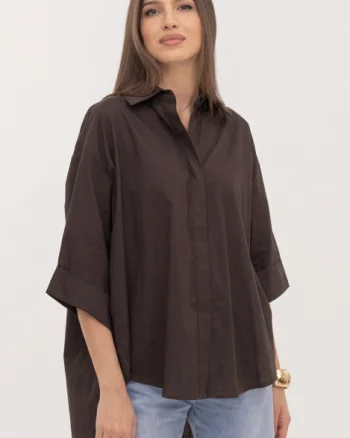 Camasa oversize maro din poplin satinat  de bumbac, cu maneca lunga