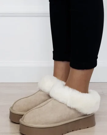 Papuci imblaniti bej din piele naturala W5818 116